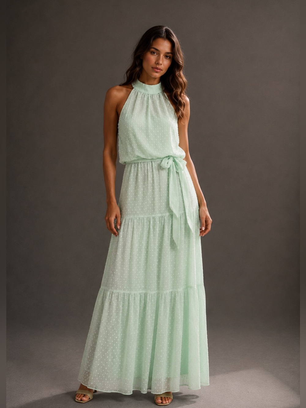 Julia Jordan Mint Swiss Dot Tiered Halter Maxi Dress
